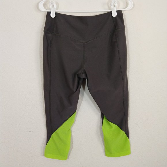 Nike Dri-Fit Womens Running Capri Leggings Back Pocket Mesh Inset Gray/Neon Sz M - Picture 2 of 8